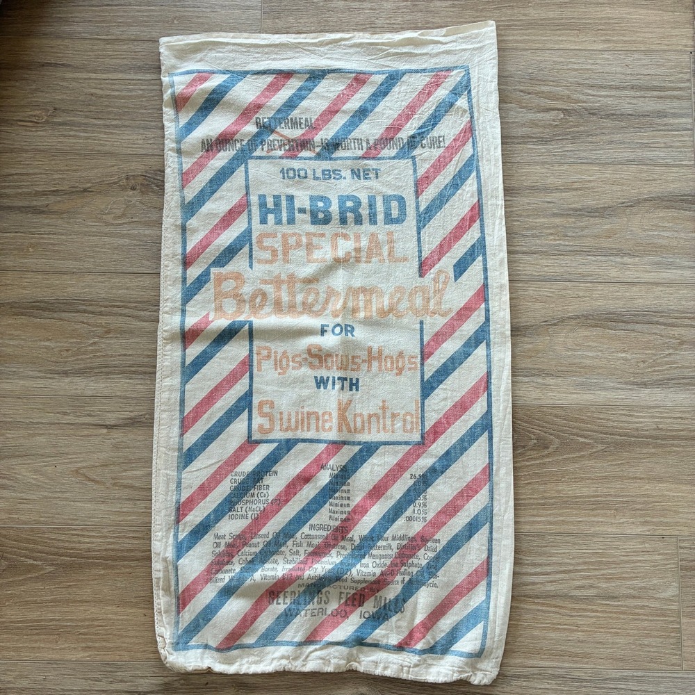 Vintage Cloth Grain Feed Sack Hi-Brid Bettermeal Pig 100lb Cotton Geerlings Mill
